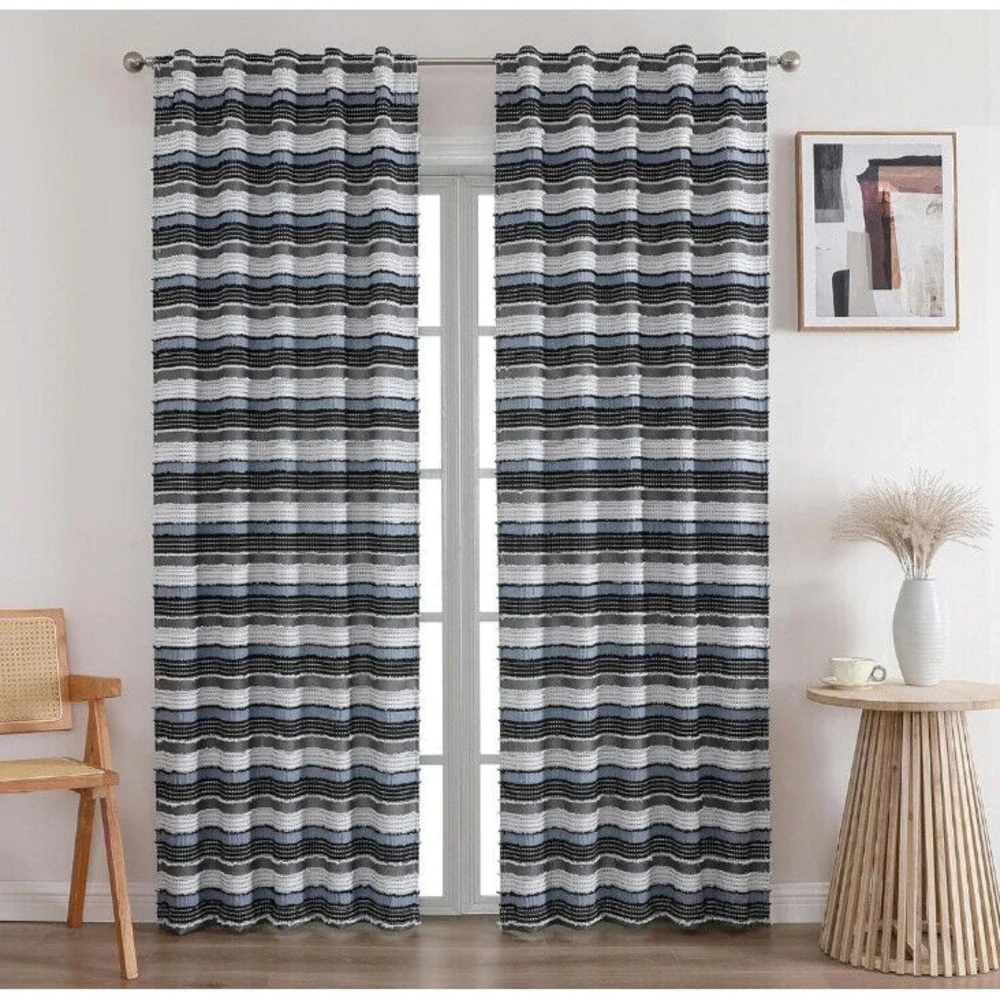 Ovzme Una Boho Striped Textured Light Filtering Window Curtains 84